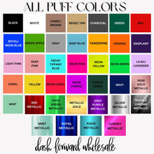 Load image into Gallery viewer, Color swatch chart with various puff color options and 'dash forward wholesale' branding.