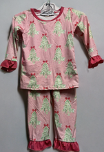 Load image into Gallery viewer, Pink and Green Bow Tree Ruffle PJ Set
