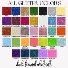 Load image into Gallery viewer, Chart displaying various glitter colors with corresponding names, branded as 'dash forward wholesale'.
