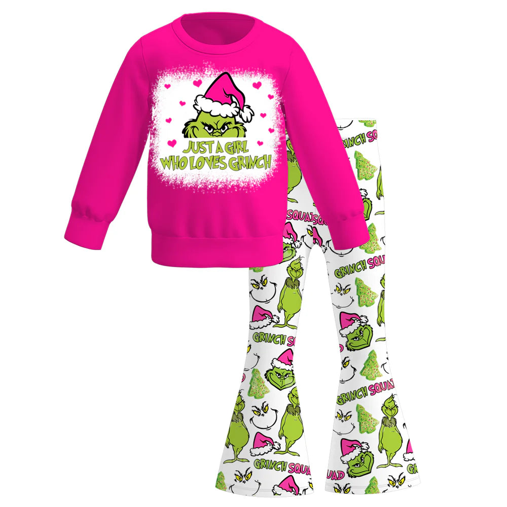 Christmas Cartoon Pink Print Bell Bottom Set