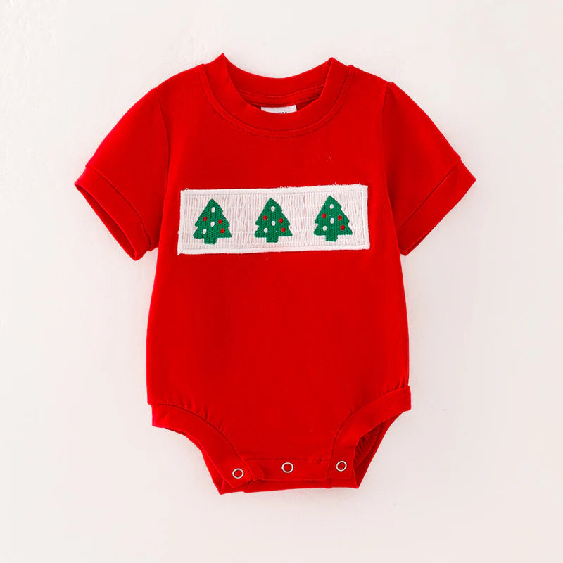 Christmas Tree Boy Smocked Embroider Romper