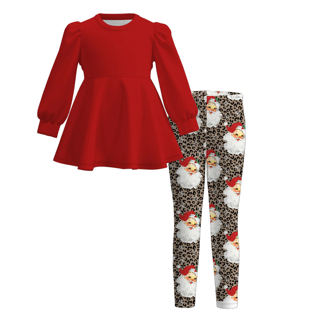 Christmas Red Shirt Santa Leopard Leggings Set