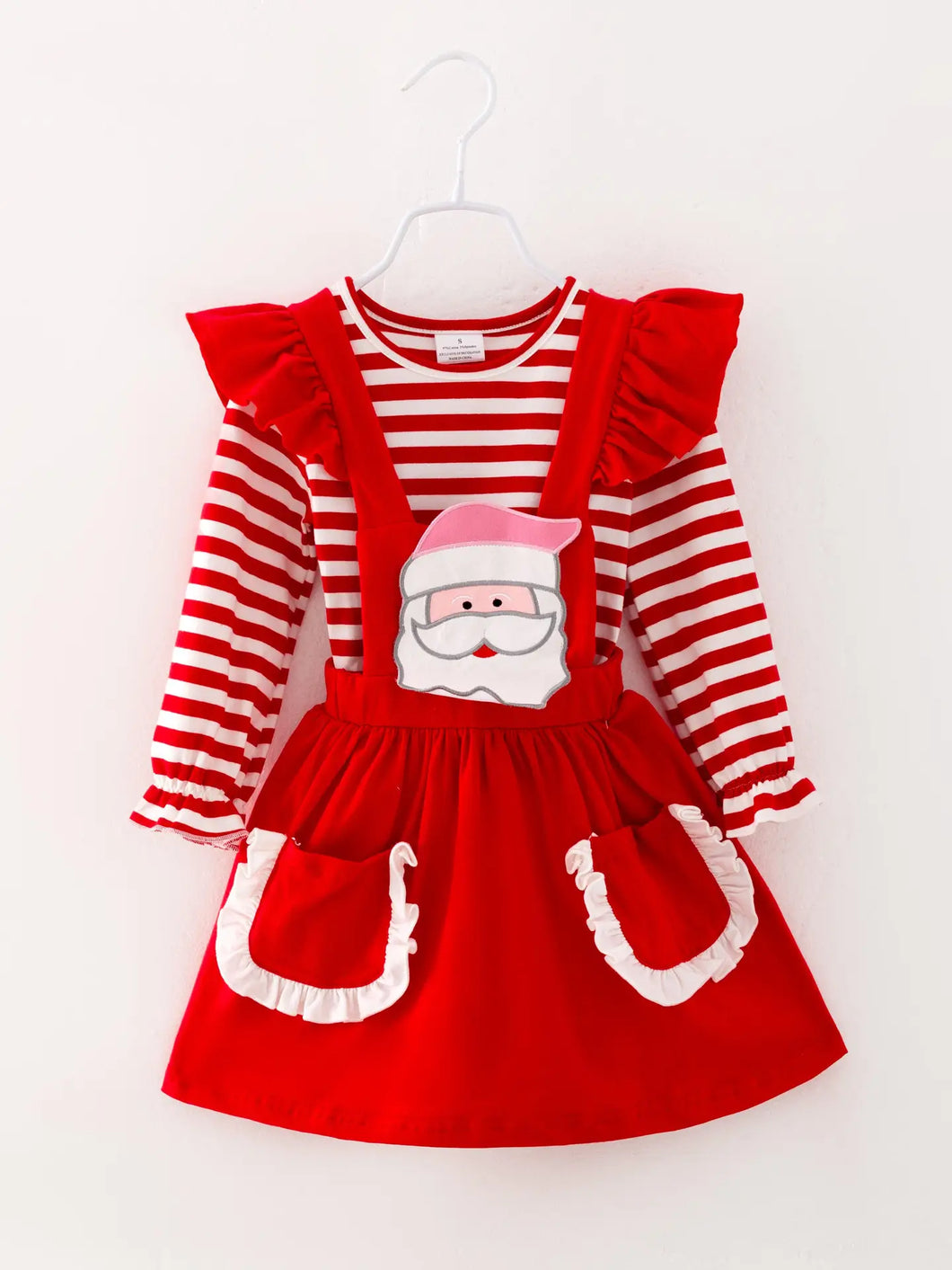 Santa Red Overall Dress With Stripe Shirt
