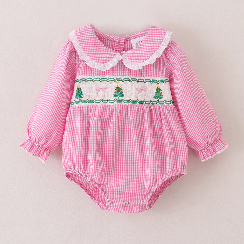 Smocked Pink Plaid Bow Tree Romper