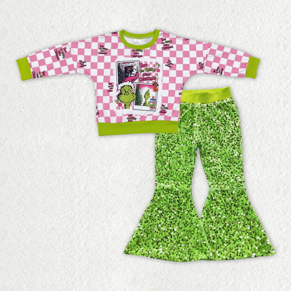 Pink Checkered Shirt Green sequin Pants Set
