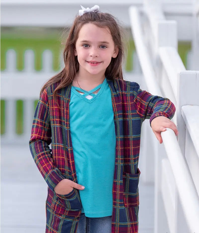 Maroon & Navy Plaid  Cardigan w/ pockets