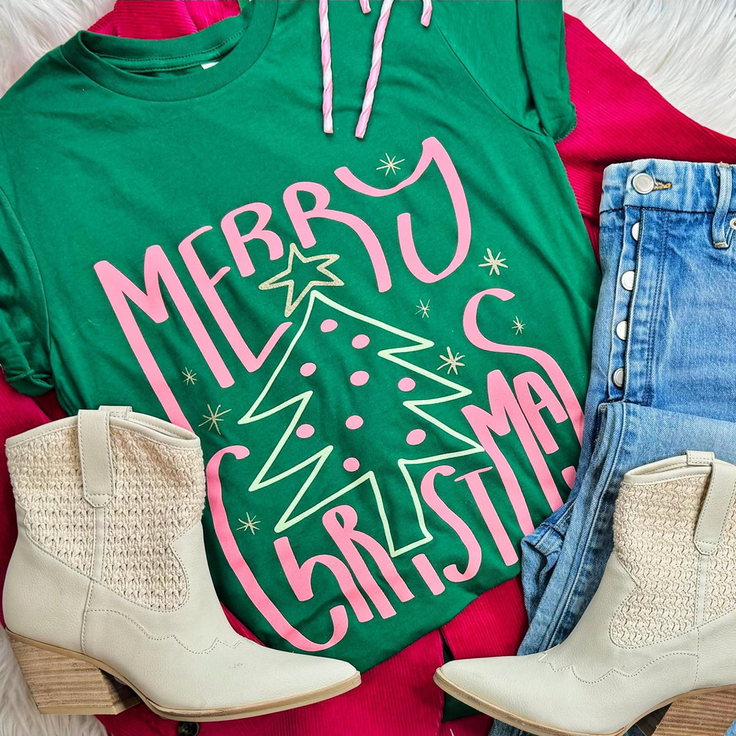 Merry Christmas Screen Print Green Tee