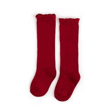 Load image into Gallery viewer, LSC Cherry Red LACE top Cable Knit High Socks
