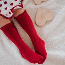 Load image into Gallery viewer, LSC Cherry Red LACE top Cable Knit High Socks
