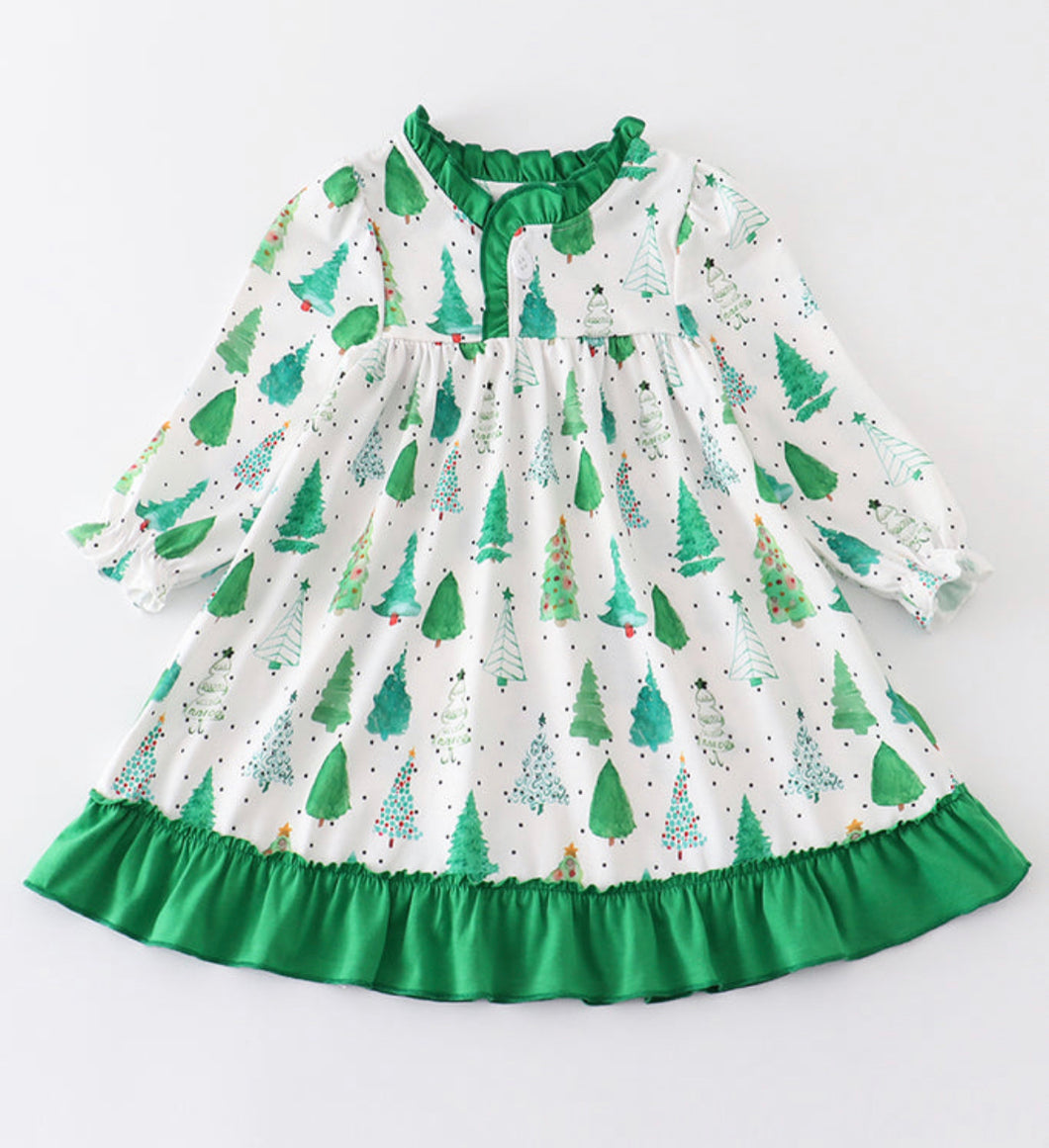 Christmas Tree Print Ruffle PJ Dress