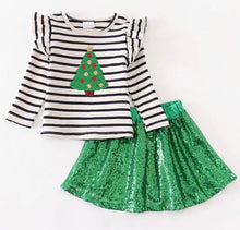 Load image into Gallery viewer, Green Tree Sequin Skirt &amp; Shirt Set
