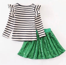 Load image into Gallery viewer, Green Tree Sequin Skirt &amp; Shirt Set
