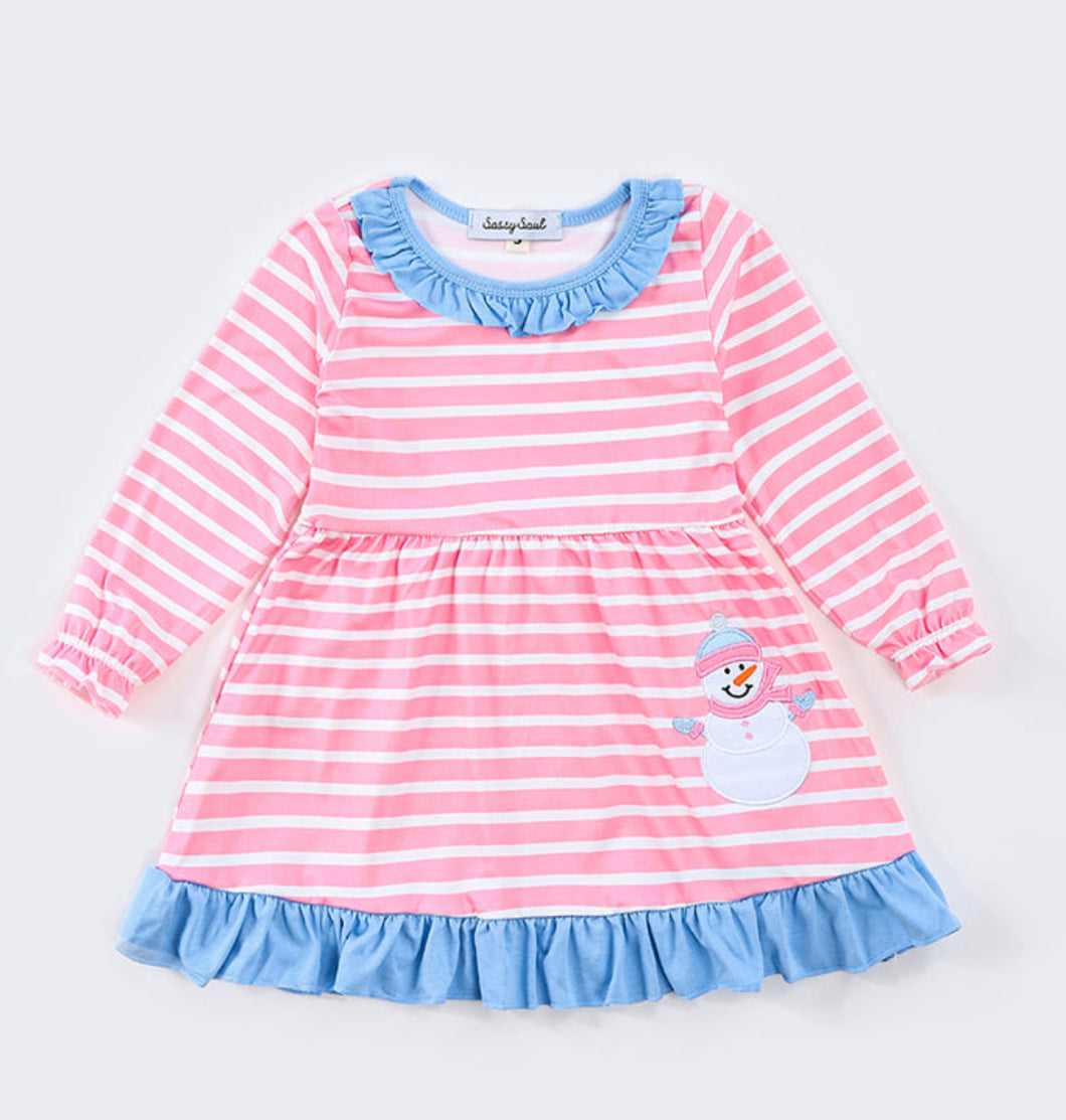 Pink and Blue Stripe Snowman Dress