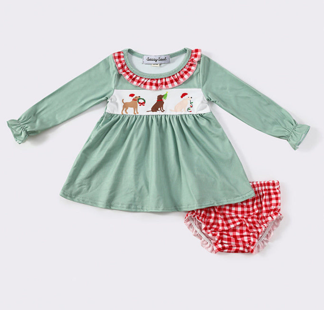 Christmas Puppy Print Checkered Girl 2 Piece Bummie Set