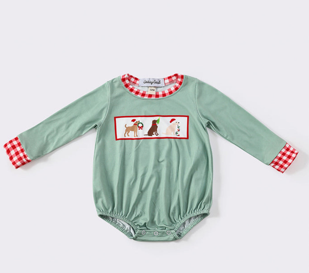 Christmas Puppy Print Checkered Boy  Romper