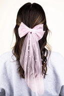 TULLE & PEARL PINK BOW HAIR BARRETTE SET