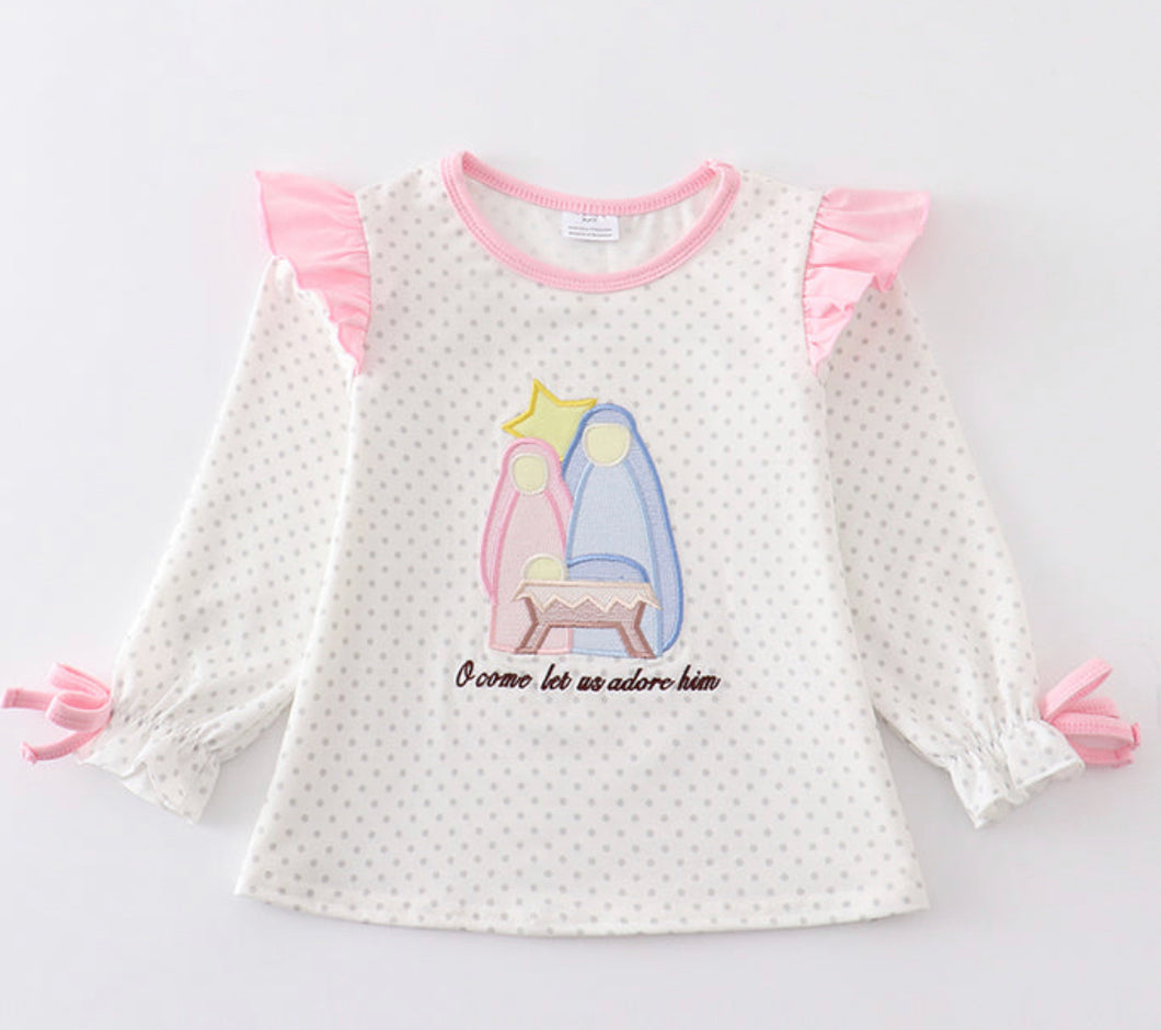 Pink Nativity Embroider Ruffle Top
