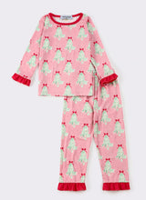 Load image into Gallery viewer, Pink and Green Bow Tree Ruffle PJ Set
