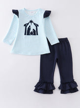 Load image into Gallery viewer, Blue Stripe Nativity embroider Ruffle set
