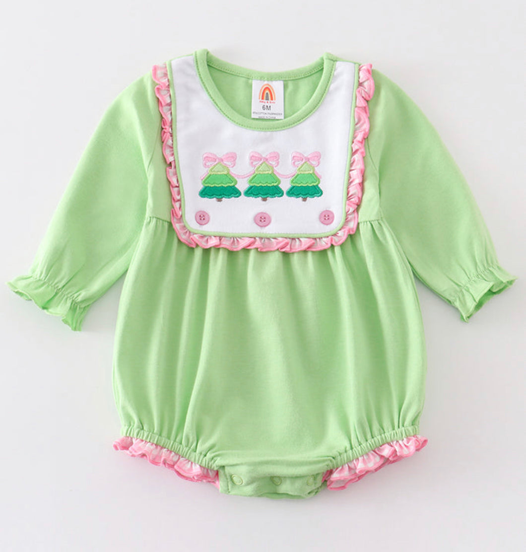 Green Christmas Tree Embroider Girl Ruffle Bubble