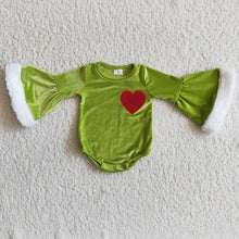 Load image into Gallery viewer, Green Velvet Red Heart Bell Sleeve Bubble Pants set
