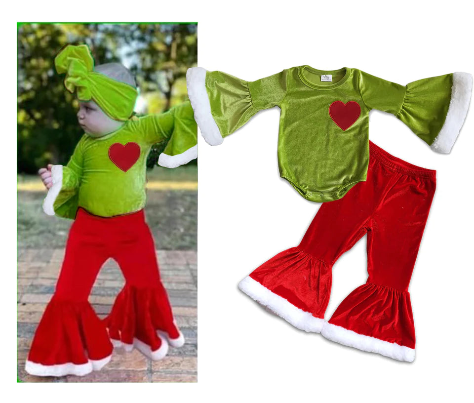 Green Velvet Red Heart Bell Sleeve Bubble Pants set