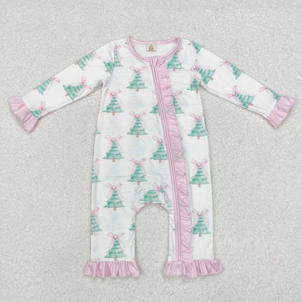 Girls Pink and White Bow Tree Romper