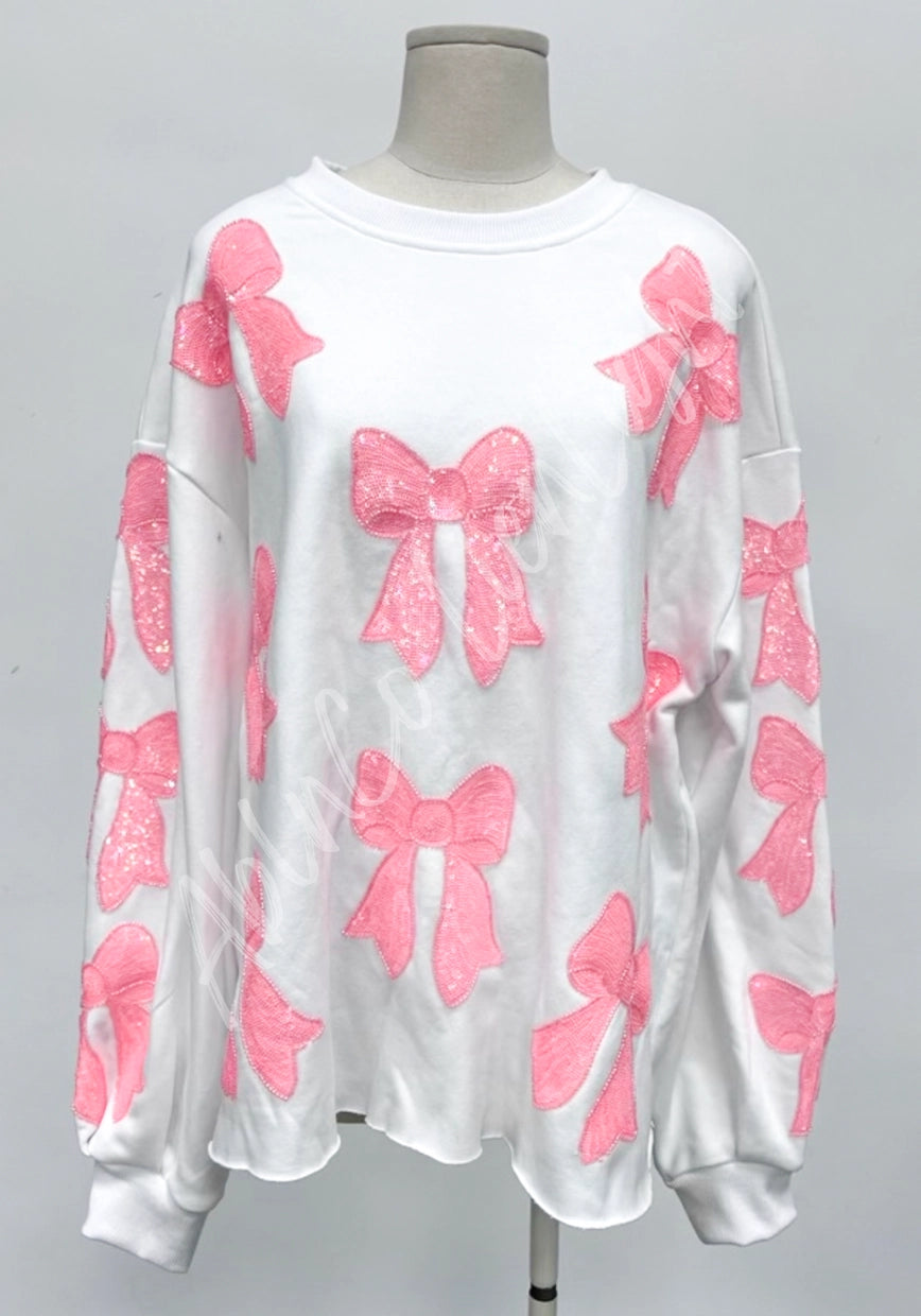 Preppy Pink Coquette Bow Sequin Shirt