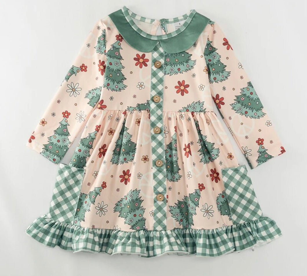 Green Beige Flower Peace Dress with Pockets