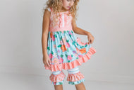 PEACH AND TEAL FLORAL STRIPE RUFFLE POCKET SET