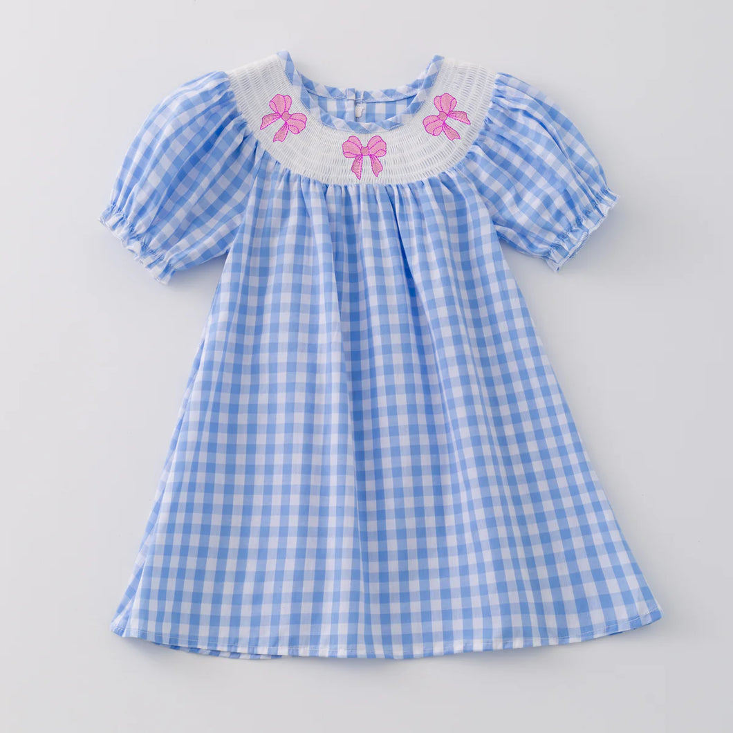 Blue and White Checkered Bow Smocked Dress
