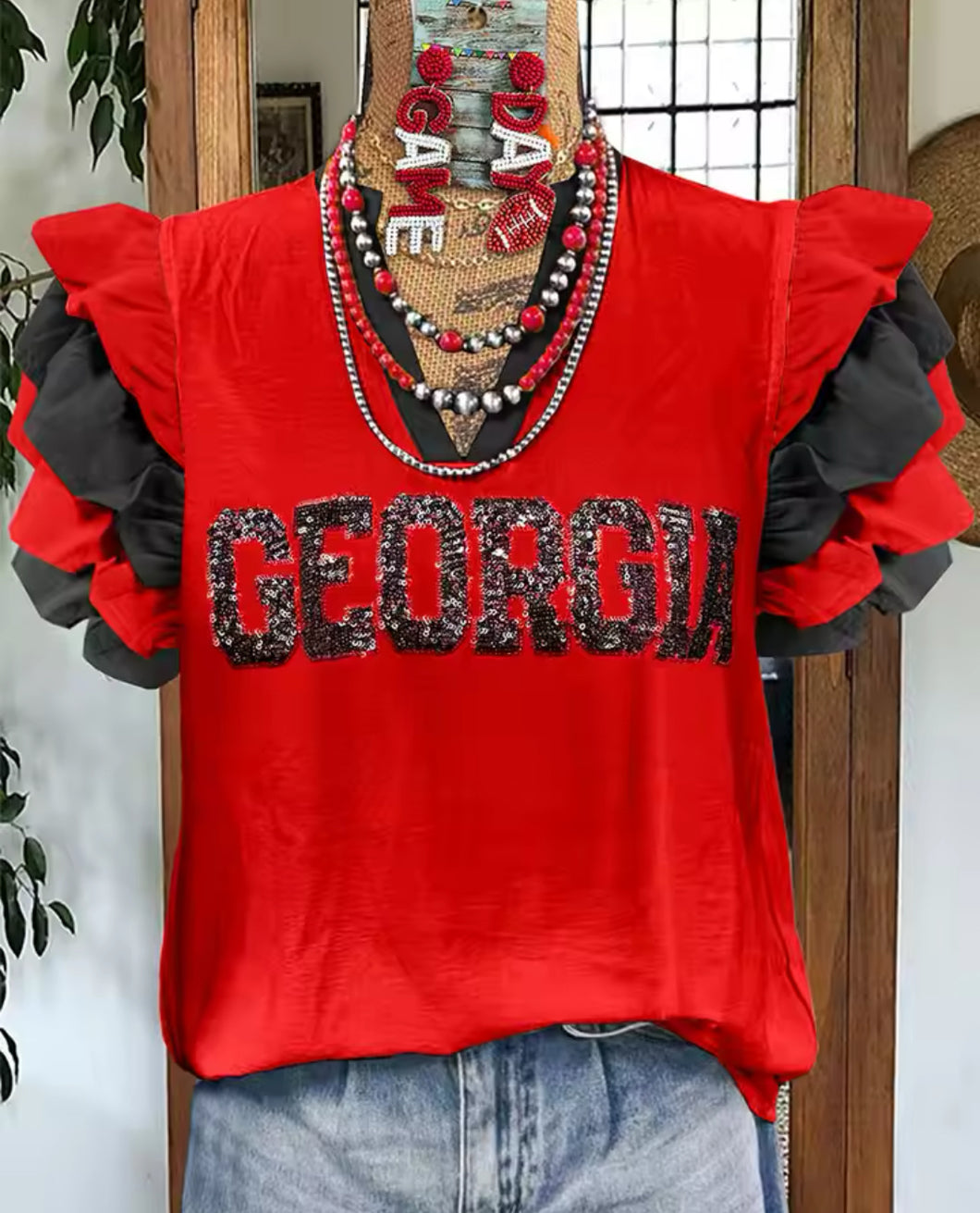 RED AND BLACK SEQUIN GEORGIA ADULT SHIRT