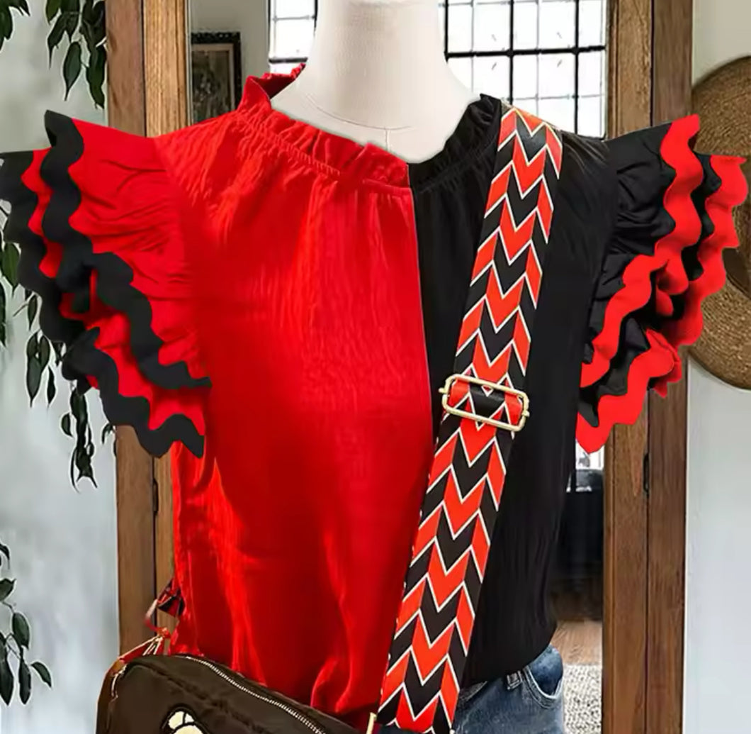 RED AND BLACK GEORGIA ADULT RUFFLE SHIRT